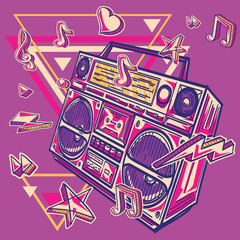 Music design - funky colorful drawn boom box