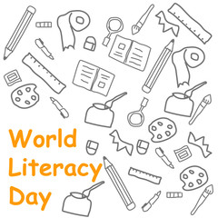 cartoon doodle art of international literacy day in yellow text. vector illustration.