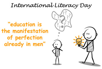 literacy day special: cartoon stickman teacher gives idea to student poster with copy space for your text.vector illustration.