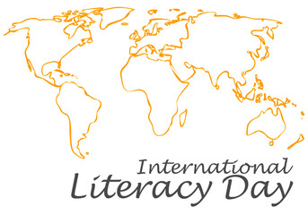 Obraz premium hand drawn world map with text international literacy day.vector illustration.
