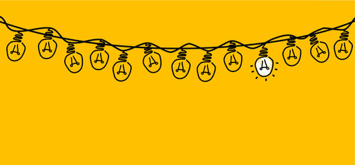 Comic brain electric lamp idea doodle. FAQ, business loading concept. Fun vector light bulb icon or sign ideas. Brilliant lightbulb education or invention pictogram banner