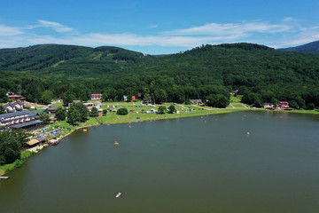 Fototapeta premium Aerial view of a lake in the village of Vinne in Slovakia
