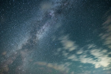 Beautiful starry sky with bright milky way galaxy. Night landscape. Astronomical background.