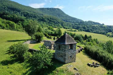 Aerial view of a historically church in the village of Lucka in Slovakia