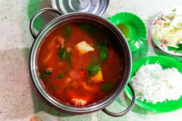 Vietnamese spicy shrimp soup in a saucepan