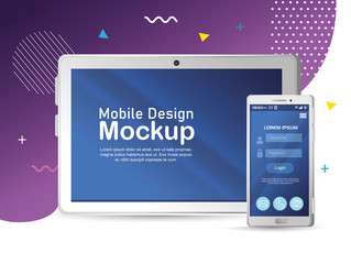 poster mobile design mockup, realistic smartphone and tablet mockup vector illustration design