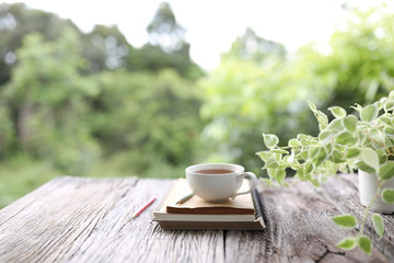 A cup of white tea with notebooks and pencil on wooden table with green plant