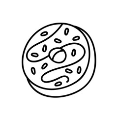 Donut. Sweet food. Vector line art illustration, icon, sticker. Black color. Isolated on white background. Stamp.