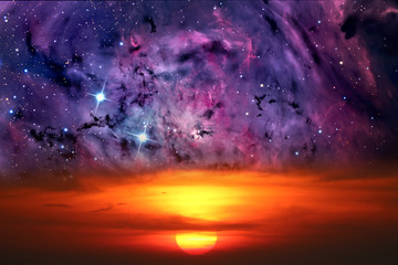 half sun back red cloud and nebula galaxy on the sunset sky