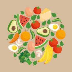 healthy food, vegetables and fruits in round frame vector illustration design