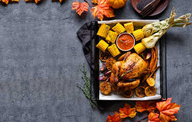 Thanksgiving celebration traditional dinner setting meal concept. Thanksgiving dinner with chicken. Flat lay. Banner. Top view