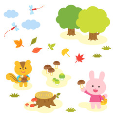 Autumn Scenery / A rabbit and a squirrel hunting mushrooms / No lines