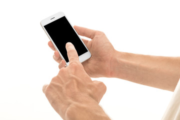 Man holding a smartphone with empty black screen. Mobile phone in a vertical position in hands and...
