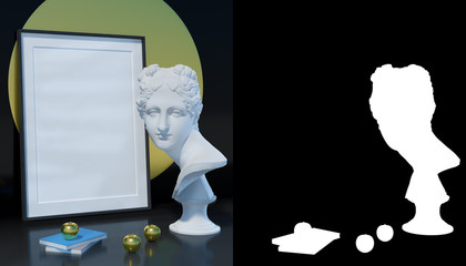 Interior vertical A2 poster mockup with wooden wall frame with antique sculpture of Venus Italica and golden apple on black background. Natural rendering, 3d illustration. Alpha Channel mask.