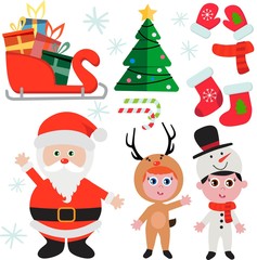 Print Vector cartoon icons of Christmas Santa Claus. Decorative elements. 
