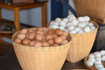 Fresh eggs in a basket from an ancient city.