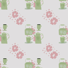 Pale seamless doodle pattern with green teapot silhouettes and pink flowers. Light grey background.
