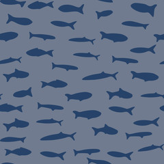 Fish ornament hand drawn seamless doodle pattern. Marine artwork with cachalots and whales in navy blue pale tones.