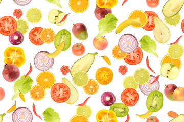 Seamless pattern of fresh juicy vegetables and fruits useful for health isolated on white