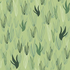 Seamless underwater pattern with outline silhouettes. Olive and green color tones ocean ornament.