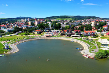 Fototapeta na wymiar Aerial view of the recreational zone in the town of Namestovo in Slovakia