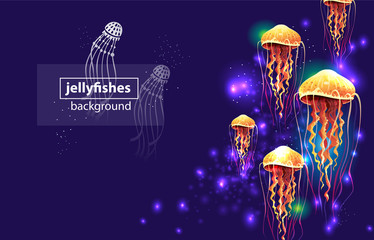Background with Glowing vivid jellyfishes