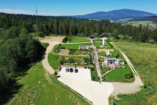 Aerial view of the statue of Jesus in the village of Klin n Slovakia