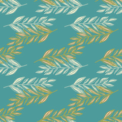 Pastel seamless hand drawn botanic pattern. Doodle floral shapes with white and orange contour on turquoise background.
