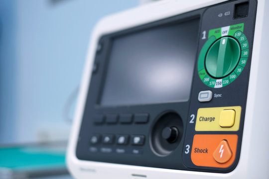 Defibrillator machine. Defibrillation is a treatment for life-threatening cardiac arrhythmias.
