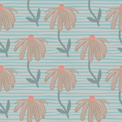 Pale pastel sunflower seamless pattern. Stylized botanic silhouettes in beige tones on blue stripped background.
