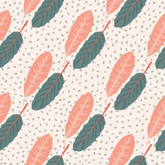 Seamless tender pattern with leafs. Hand drawn botanic ornament in pink and pale blue colors on white dotted background.