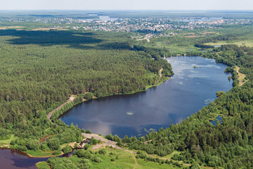 Forest lake from a height in the taiga
