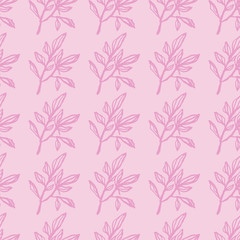 Lilac contoured botanic branches seamless pattern. Simple botanic ornament on soft pink background.