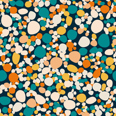 Multicolor circle spots seamless bright pattern. Colorful figures on black background. Stylized print.