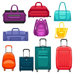 Set of travel suitcases and bags.