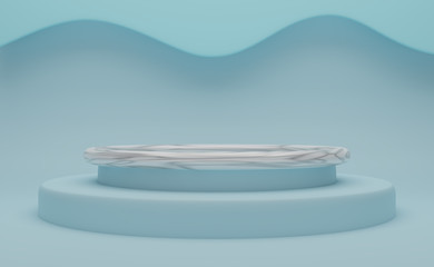 Podium empty with geometric shapes  in sky blue pastel composition for modern stage display and minimalist mockup ,abstract showcase background ,Concept 3d illustration or 3d render
