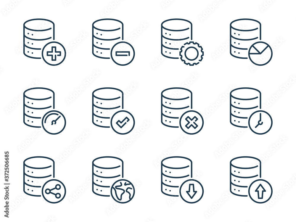 Poster database related vector line icons. server and data transfer outline icon set.