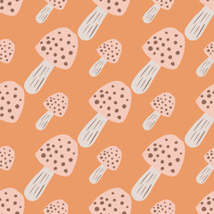 Pastel mushroom ornament seamless pattern. Doodle wild print with orange background and light pink elements.