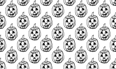 Halloween vector illustration. Hand drawn seamless pattern. Spooky elements for banner, poster, invitation or festive decoration
