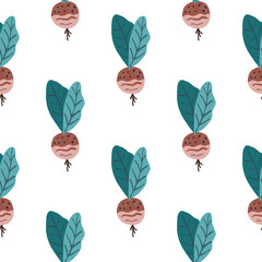 Simple vegetable seamless pattern with radish. Maroon vegan food with turquoise leaves on white background.