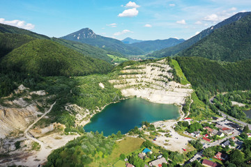 Aerial view of a lake in the village of Sutovo in Slovakia