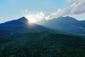 Fototapeta premium Aerial view of sunset and Tatry mountains in Slovakia