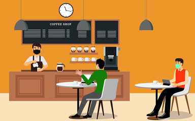 New Normal restaurant dining vector concept: coffee shop interior with barista and customers wearing face masks
