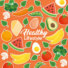 banner healthy lifestyle on background of fruits, vegetables and healthy food vector illustration design