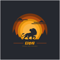 Lion with cliff mountain and sky background. Design element for company logo, label, emblem, apparel or other merchandise. Scalable and editable Vector illustration.