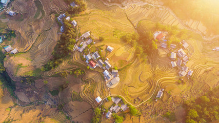 Aerial top view of paddy rice terraces, green agricultural fields in countryside or rice field terraces in Sapa, Lao Cai Province, North West Vietnam in Asia. Nature landscape background.