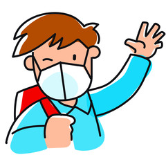 Illustrazione vettoriale di bambino allegro con zainetto scolastico e mascherina chirurgica che saluta, simbolo di ritorno a scuola sicuro, igiene, prevenzione sanitaria ed educazione all’infanzia