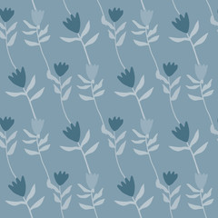Floral simple tulip seamless pattern. Botanic silhouettes and background in pastel navy blue tones.