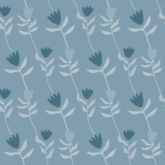 Floral simple tulip seamless pattern. Botanic silhouettes and background in pastel navy blue tones.
