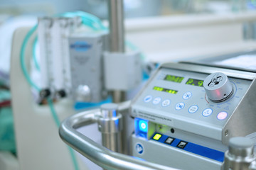 console for control extracorporeal membrane oxygenation (ecmo) includes knob, buttons and displays, focus on digital display